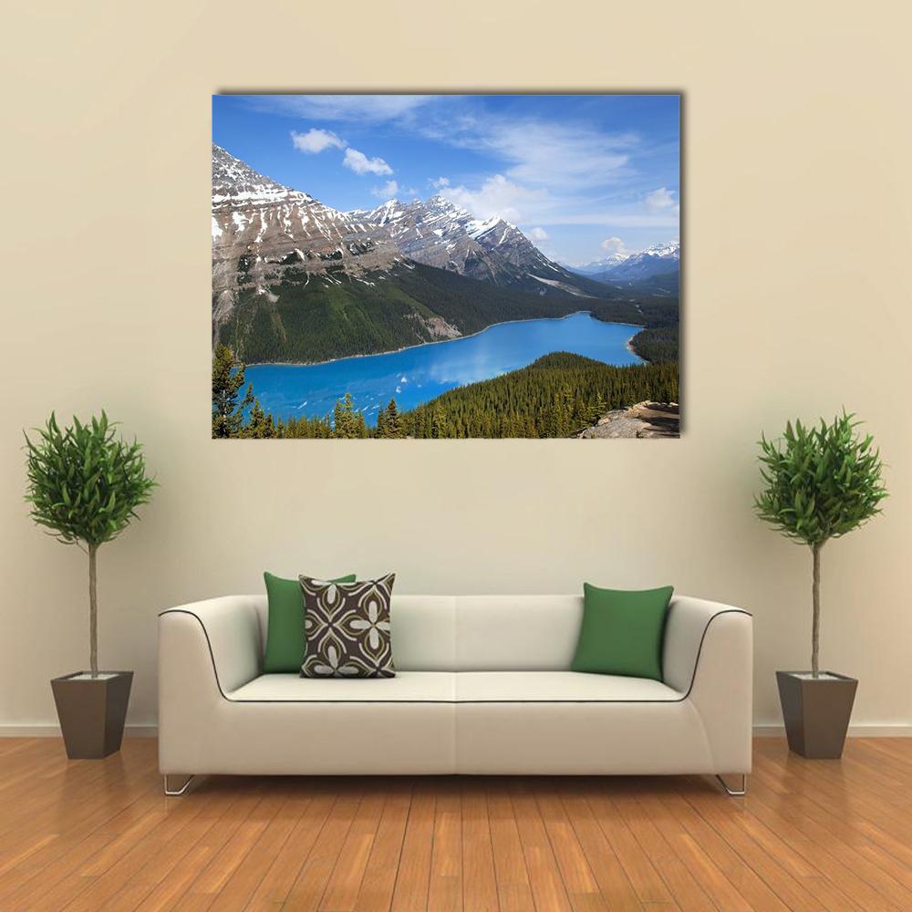 Emerald Lake Alberta Canvas Wall Art in gray, green and blue, single panel hung on a wall