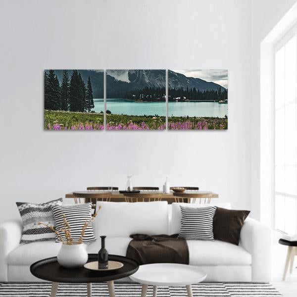 Emerald Lake With Mountains Panoramic Canvas Wall Art-3 Piece-25" x 08"-Tiaracle