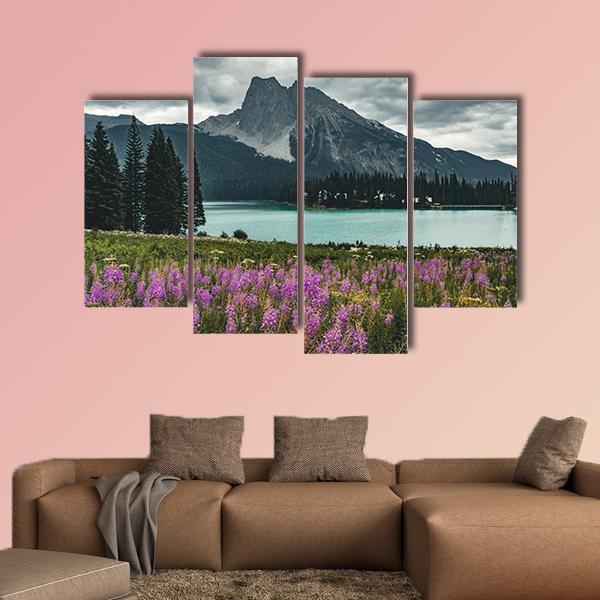 Emerald Lake With Mountains Canvas Wall Art-4 Pop-Gallery Wrap-50" x 32"-Tiaracle