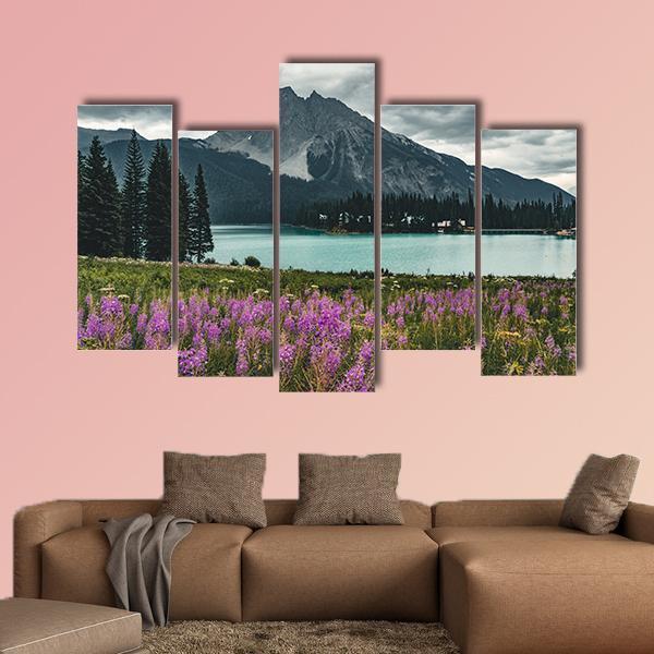 Emerald Lake With Mountains Canvas Wall Art-5 Pop-Gallery Wrap-47" x 32"-Tiaracle