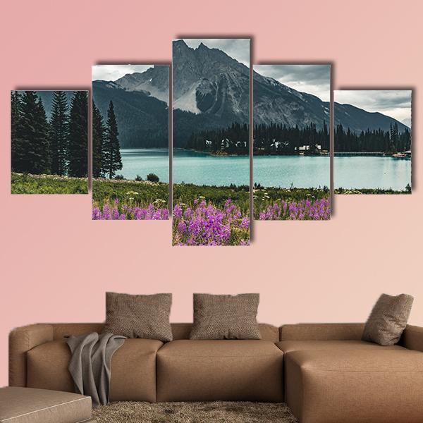 Emerald Lake With Mountains Canvas Wall Art-4 Pop-Gallery Wrap-50" x 32"-Tiaracle