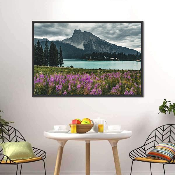 Emerald Lake With Mountains Canvas Wall Art-1 Piece-Floating Frame-24" x 16"-Tiaracle