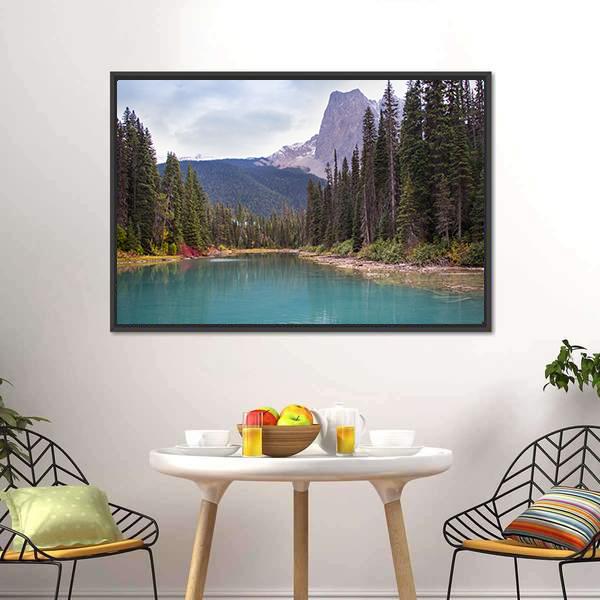 Emerald Lake With Trees Canvas Wall Art-1 Piece-Floating Frame-24" x 16"-Tiaracle