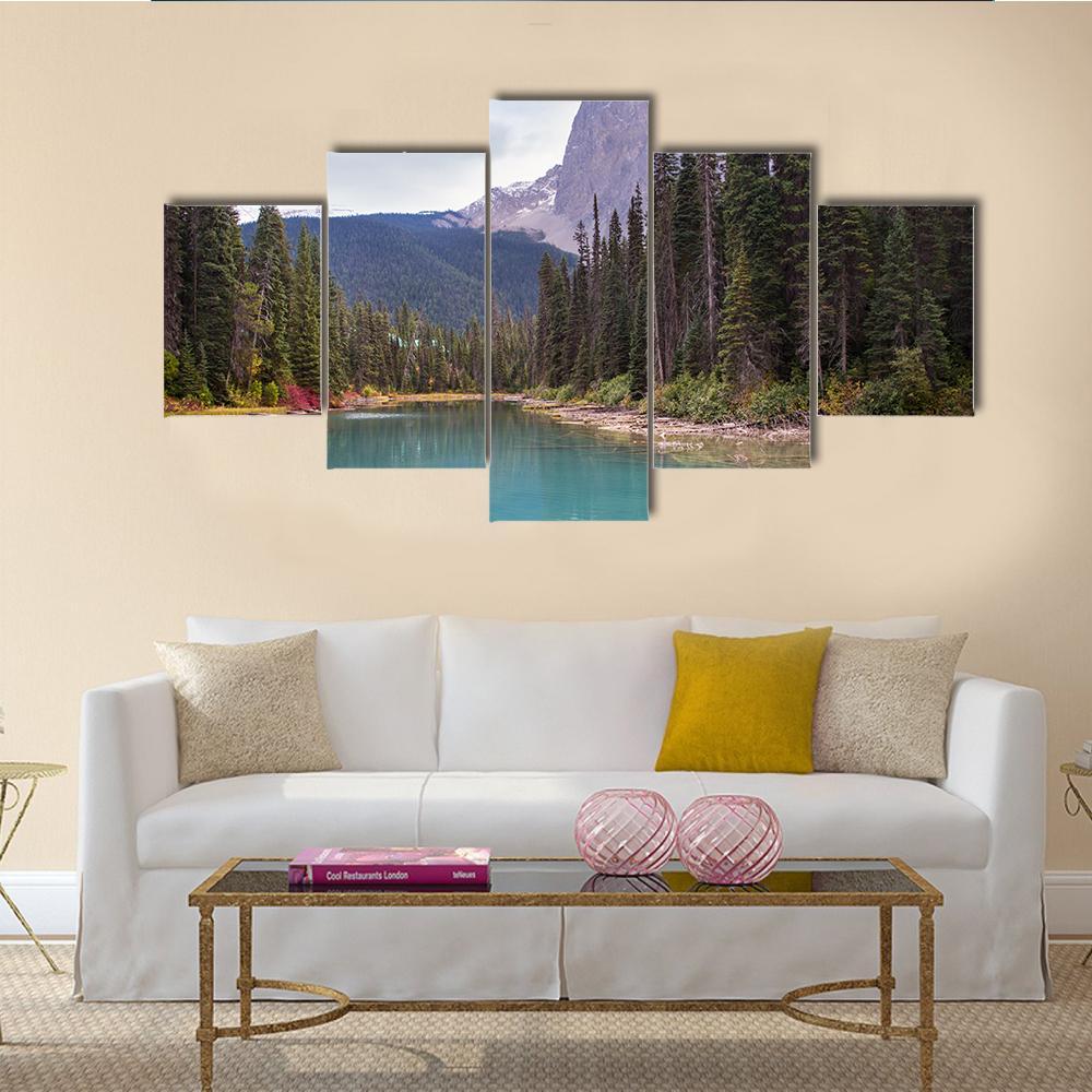 Emerald Lake With Trees Canvas Wall Art-5 Star-Gallery Wrap-62" x 32"-Tiaracle