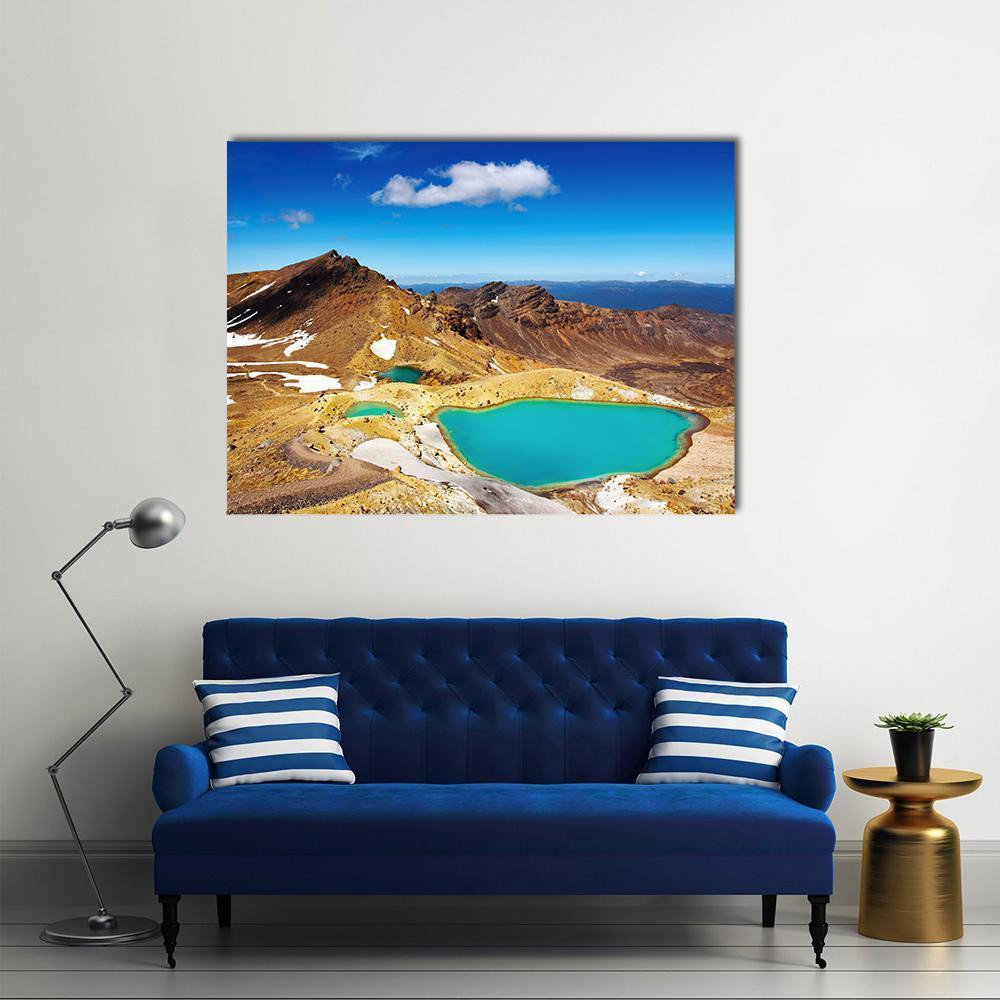 Tongariro National Park Landscape Canvas Wall Art in beige, brown and blue, single panel hung on a wall