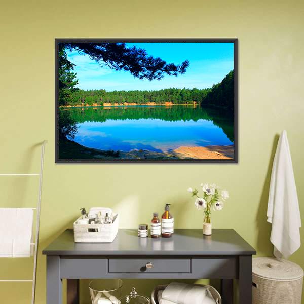 Emerald Water Lake In Forest Canvas Wall Art-1 Piece-Floating Frame-24" x 16"-Tiaracle