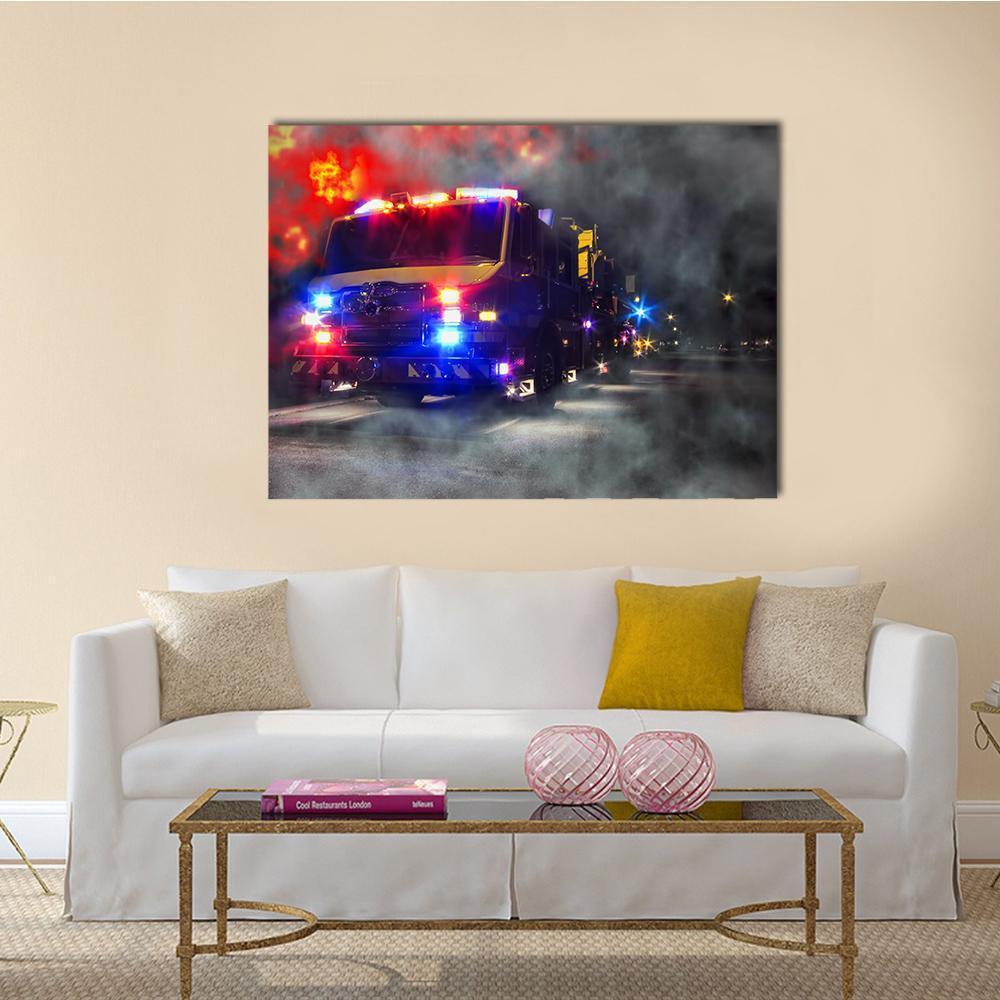 Emergency Firefighter Rescue Truck Canvas Wall Art in black, red and blue, single panel hung on a wall