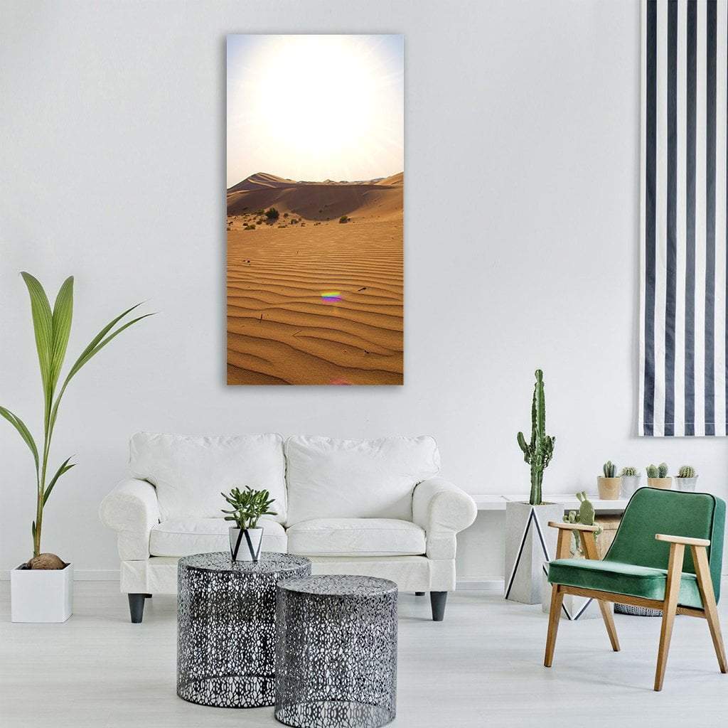 Sunlit Emirates Desert Sand Dunes Vertical Canvas Wall Art in white, beige and orange, single vertical panel hung on a wall