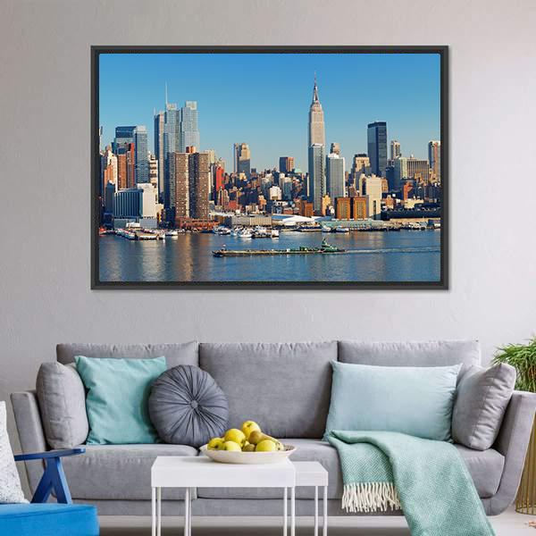 Empire State With Hudson River Canvas Wall Art-1 Piece-Floating Frame-24" x 16"-Tiaracle