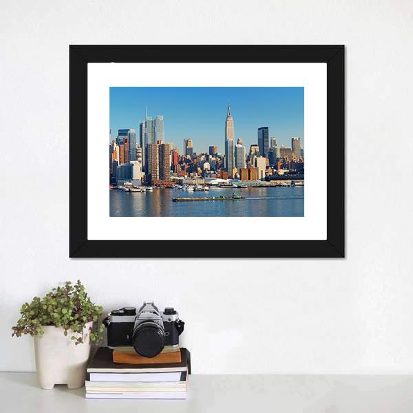 Empire State With Hudson River Canvas Wall Art-1 Piece-Framed Print-20" x 16"-Tiaracle