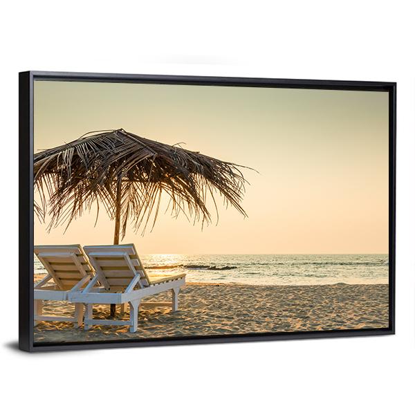 Empty Chairs And Umbrella Canvas Wall Art-3 Horizontal-Gallery Wrap-25" x 16"-Tiaracle