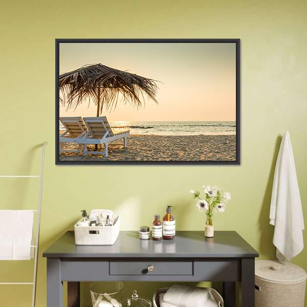 Empty Chairs And Umbrella Canvas Wall Art-3 Horizontal-Gallery Wrap-25" x 16"-Tiaracle