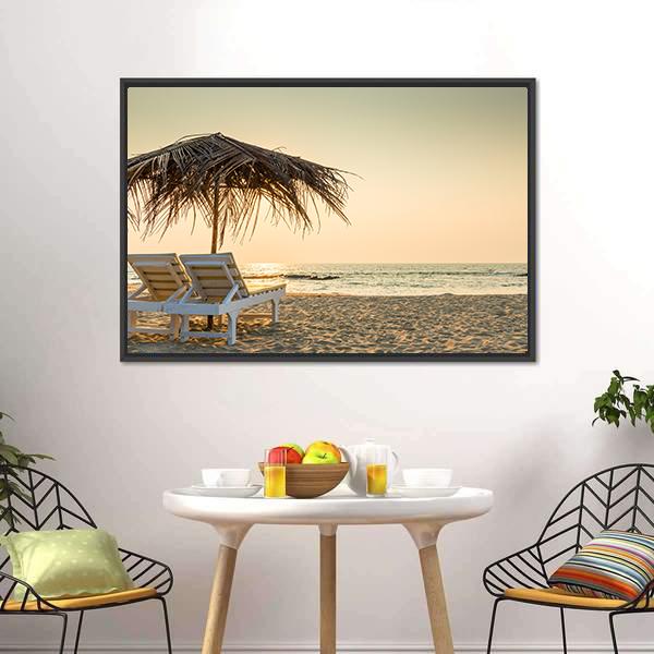 Empty Chairs And Umbrella Canvas Wall Art-1 Piece-Floating Frame-24" x 16"-Tiaracle