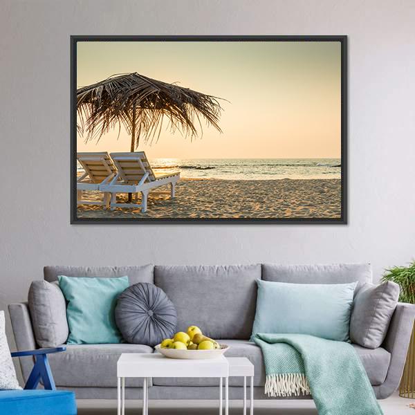 Empty Chairs And Umbrella Canvas Wall Art-3 Horizontal-Gallery Wrap-25" x 16"-Tiaracle