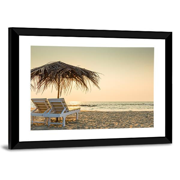 Empty Chairs And Umbrella Canvas Wall Art-3 Horizontal-Gallery Wrap-25" x 16"-Tiaracle