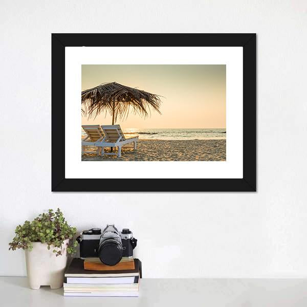 Empty Chairs And Umbrella Canvas Wall Art-3 Horizontal-Gallery Wrap-25" x 16"-Tiaracle