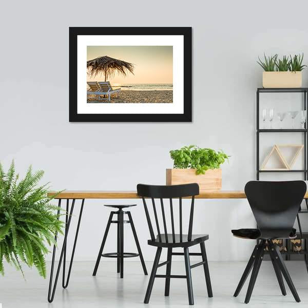 Empty Chairs And Umbrella Canvas Wall Art-3 Horizontal-Gallery Wrap-25" x 16"-Tiaracle