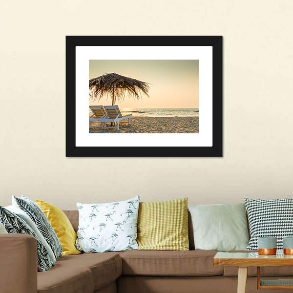 Empty Chairs And Umbrella Canvas Wall Art-1 Piece-Framed Print-20" x 16"-Tiaracle