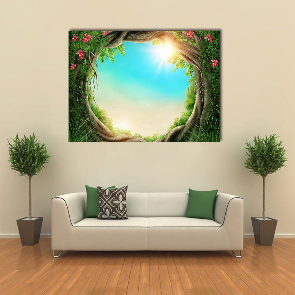Enchanted Spring Forest with Sunbeams Canvas Wall Art in brown, green and blue, single panel hung on a wall