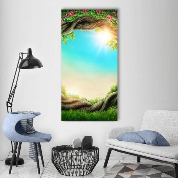 Enchanted Spring Forest Vertical Canvas Wall Art in brown, green and blue, single vertical panel hung on a wall
