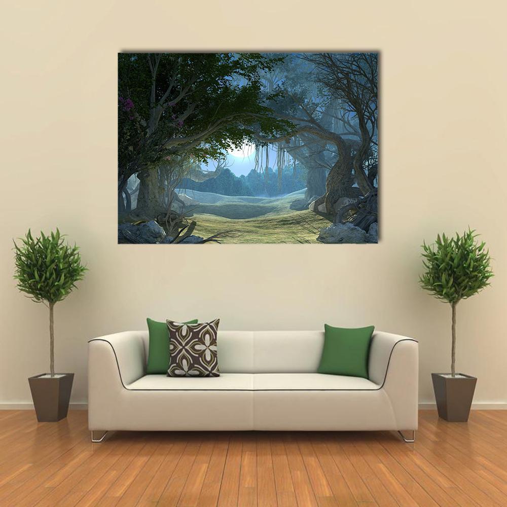Enchanted Dark Forest Canvas Wall Art in black, green and blue, single panel hung on a wall