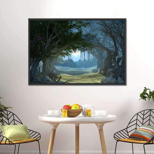 Enchanted Dark Forest Canvas Wall Art in black, green and blue, framed canvas, product view on a white background