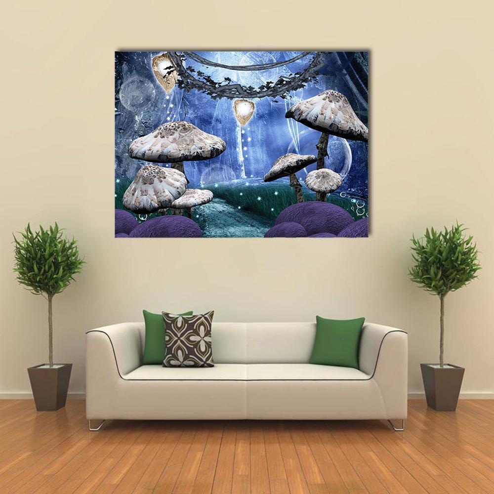 Enchanted Fantasy Forest Canvas Wall Art in gray, blue and purple, single panel hung on a wall