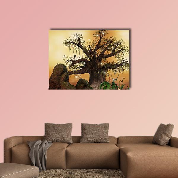 Enchanted Tree with Glowing Lanterns Canvas Wall Art in brown, gold and yellow, single panel hung on a wall