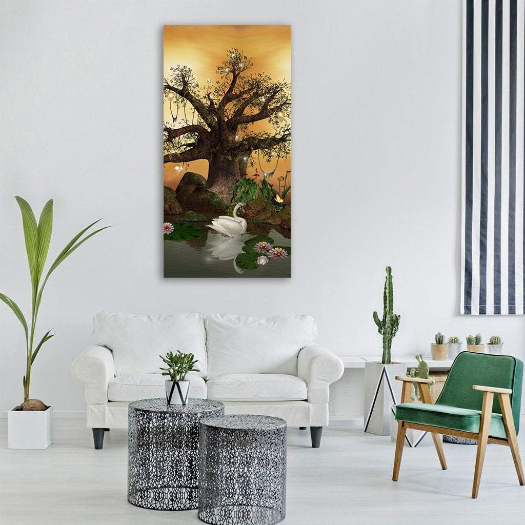 Enchanted Tree and Swan at Golden Hour Vertical Canvas Wall Art in brown, gold and yellow, single vertical panel hung on a wall