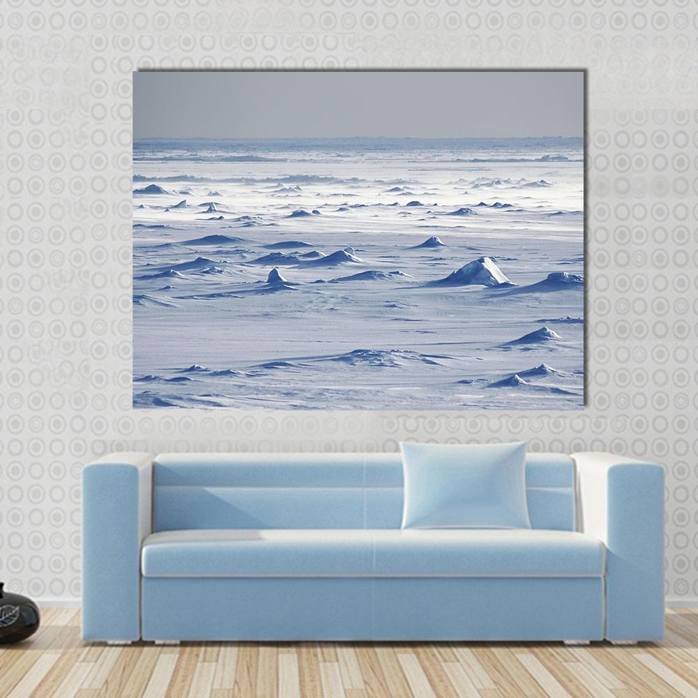 Endless Antarctic Snowfields Canvas Wall Art in white, gray and blue, single panel hung on a wall