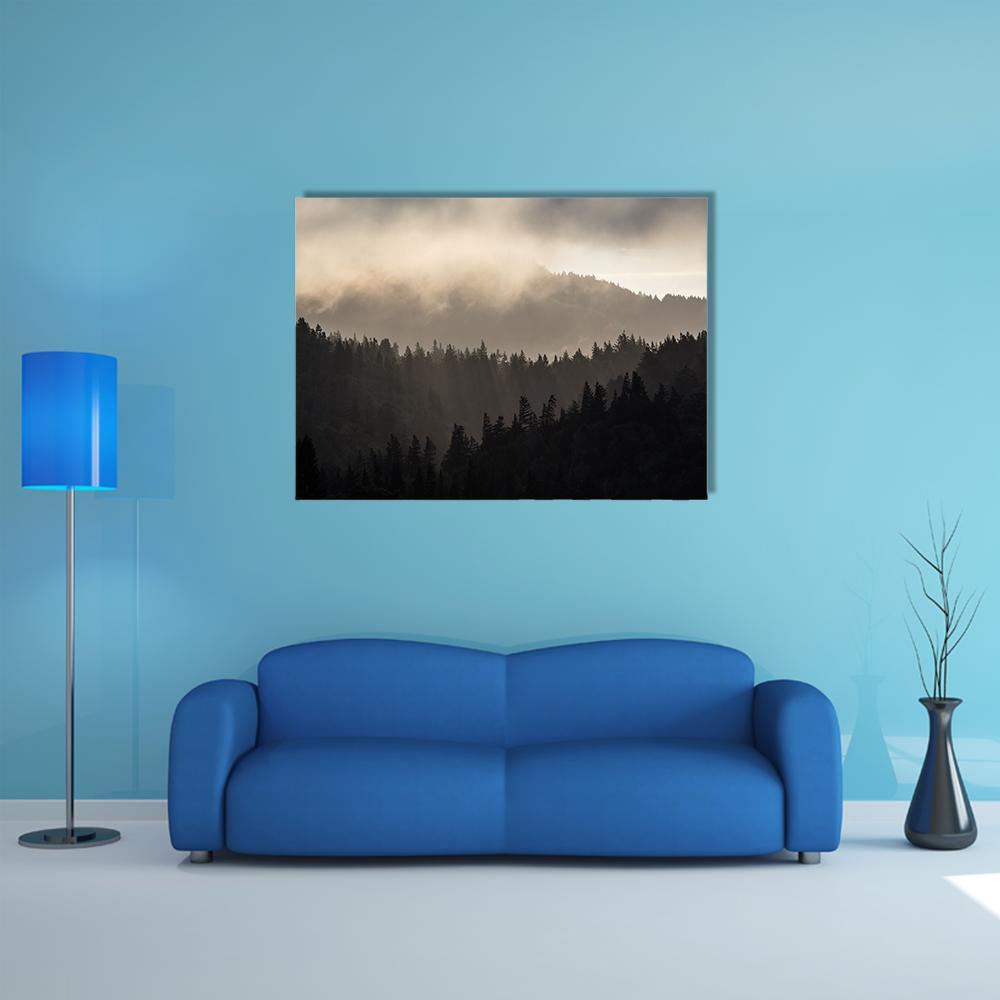 Endless Misty Pine Forest Canvas Wall Art in black, gray and beige, single panel hung on a wall