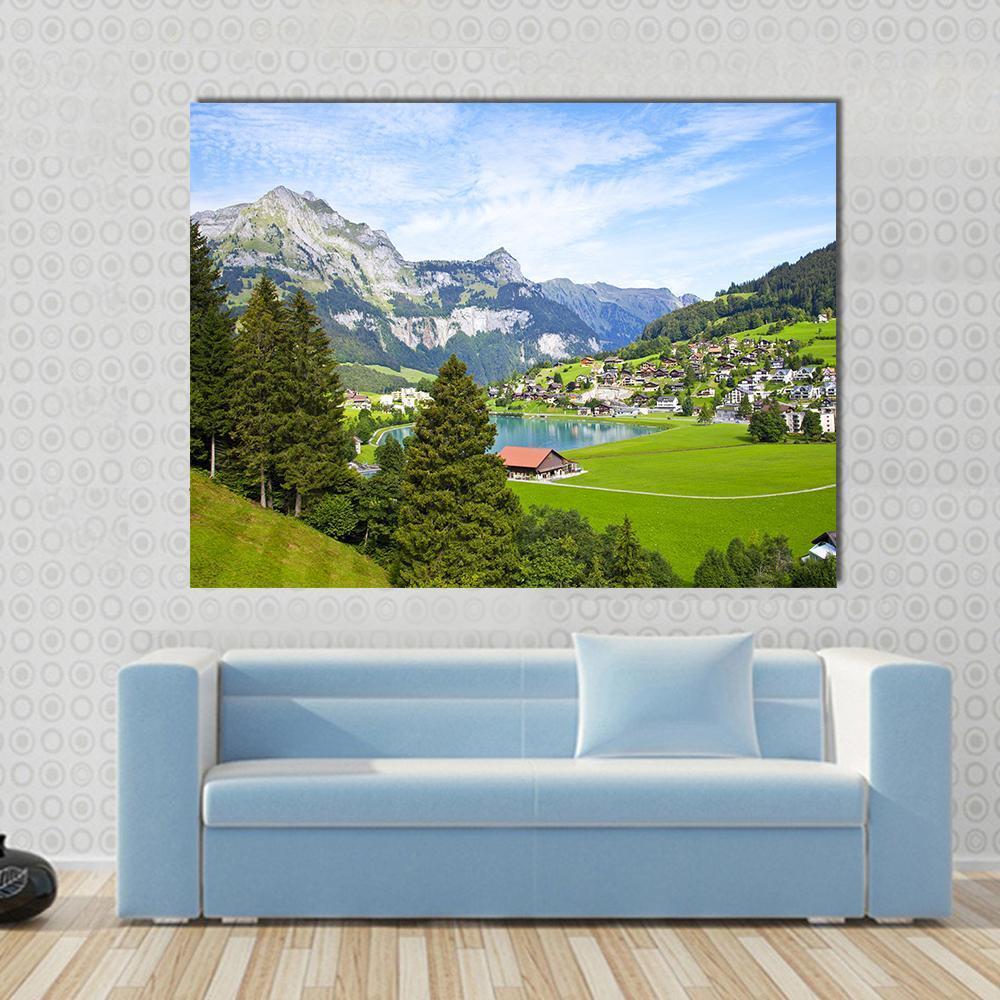 Engelberg Village Switzerland Canvas Wall Art in gray, green and blue, single panel hung on a wall