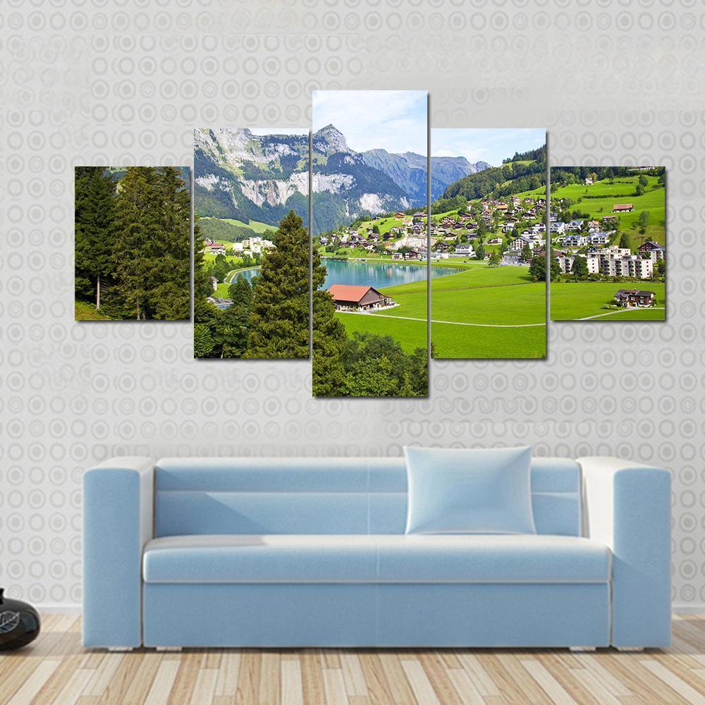 Engelberg Village Switzerland Canvas Wall Art-5 Star-Gallery Wrap-62" x 32"-Tiaracle