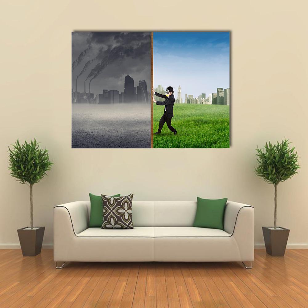 Pollution and Clean Environment Contrast Canvas Wall Art in gray, green and blue, single panel hung on a wall