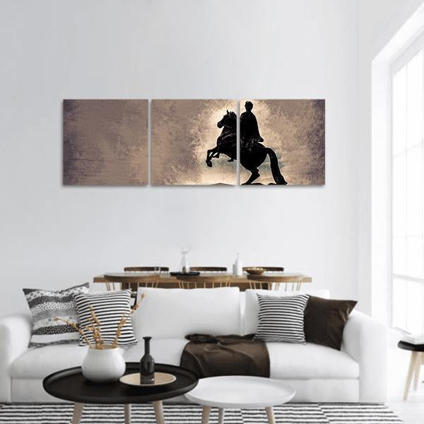 Peter the Great Equestrian Statue Panoramic Canvas Wall Art in black, beige and brown, hung on a wall