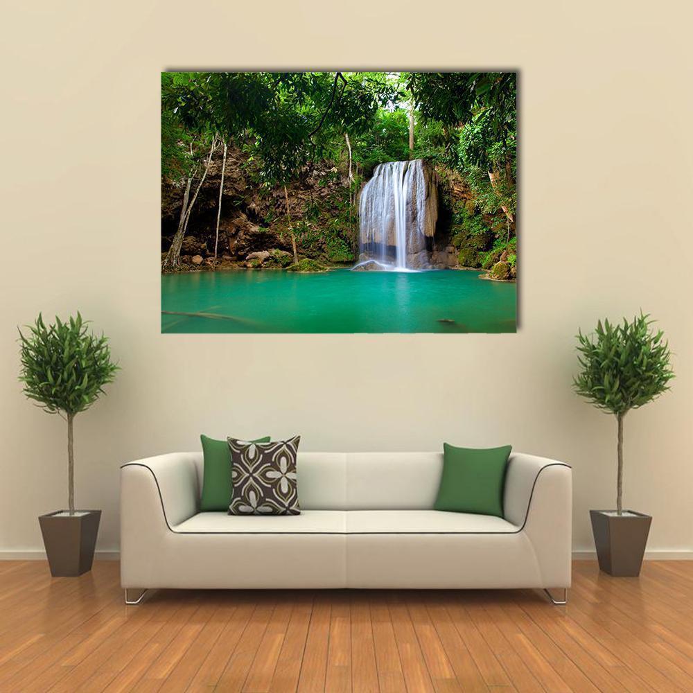 Eravan Waterfall Canvas Wall Art in brown, green and blue, single panel hung on a wall