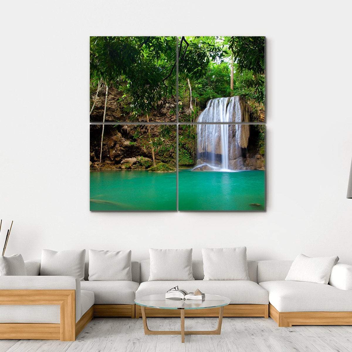 Eravan Waterfall In Kanchanaburi Canvas Wall Art-4 Square-Gallery Wrap-17" x 17"-Tiaracle