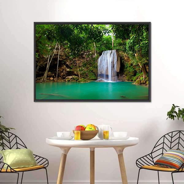 Eravan Waterfall In Kanchanaburi Canvas Wall Art-1 Piece-Floating Frame-24" x 16"-Tiaracle