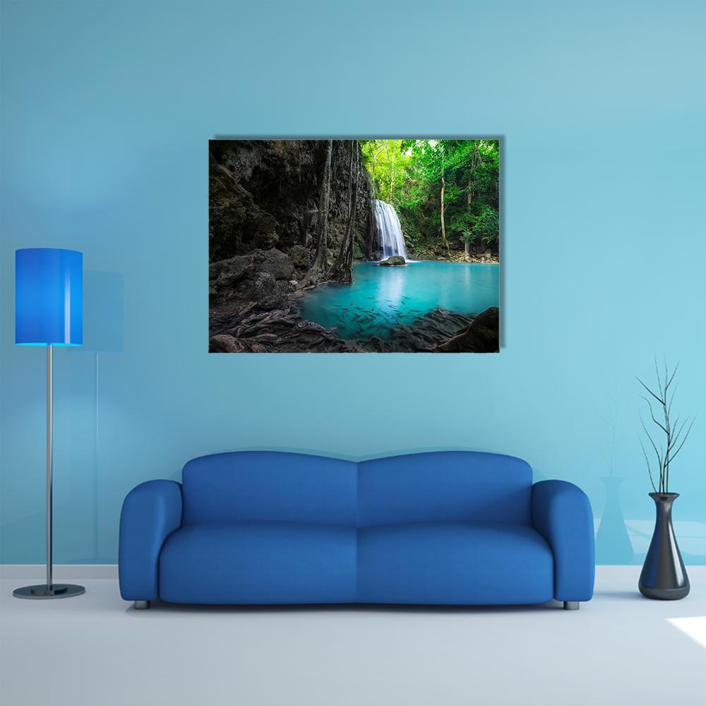 Erawan Cascade Waterfall Canvas Wall Art in brown, green and blue, single panel hung on a wall