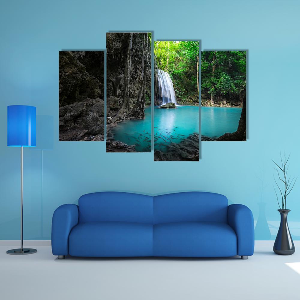 Erawan Cascade Waterfall Canvas Wall Art-4 Pop-Gallery Wrap-50" x 32"-Tiaracle