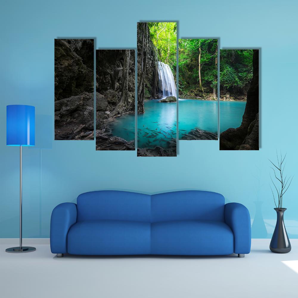 Erawan Cascade Waterfall Canvas Wall Art-5 Pop-Gallery Wrap-47" x 32"-Tiaracle