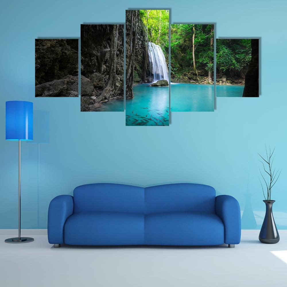 Erawan Cascade Waterfall Canvas Wall Art-5 Star-Gallery Wrap-62" x 32"-Tiaracle