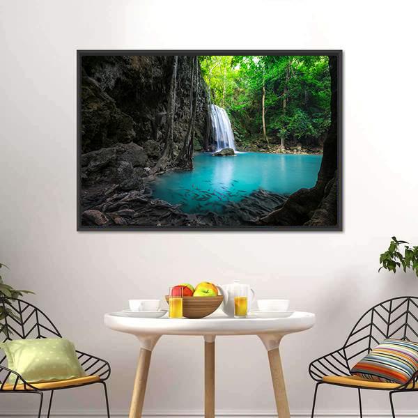Erawan Cascade Waterfall Canvas Wall Art-1 Piece-Floating Frame-24" x 16"-Tiaracle