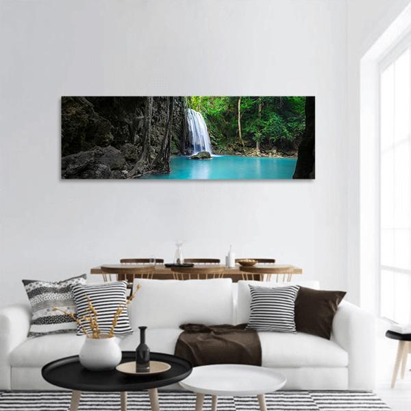 Erawan Cascade Waterfall Panoramic Canvas Wall Art-3 Piece-25" x 08"-Tiaracle