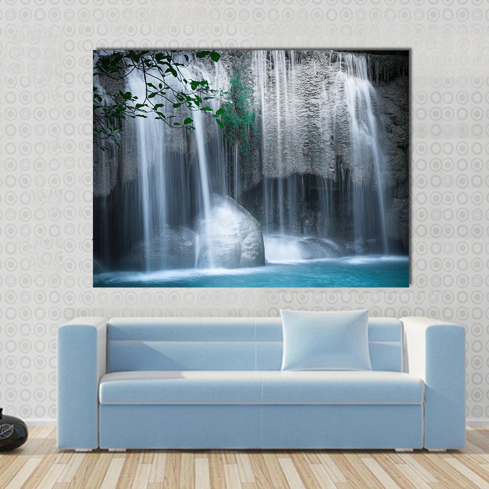 Erawan Cascade Waterfall Thailand Canvas Wall Art in white, gray and blue, single panel hung on a wall