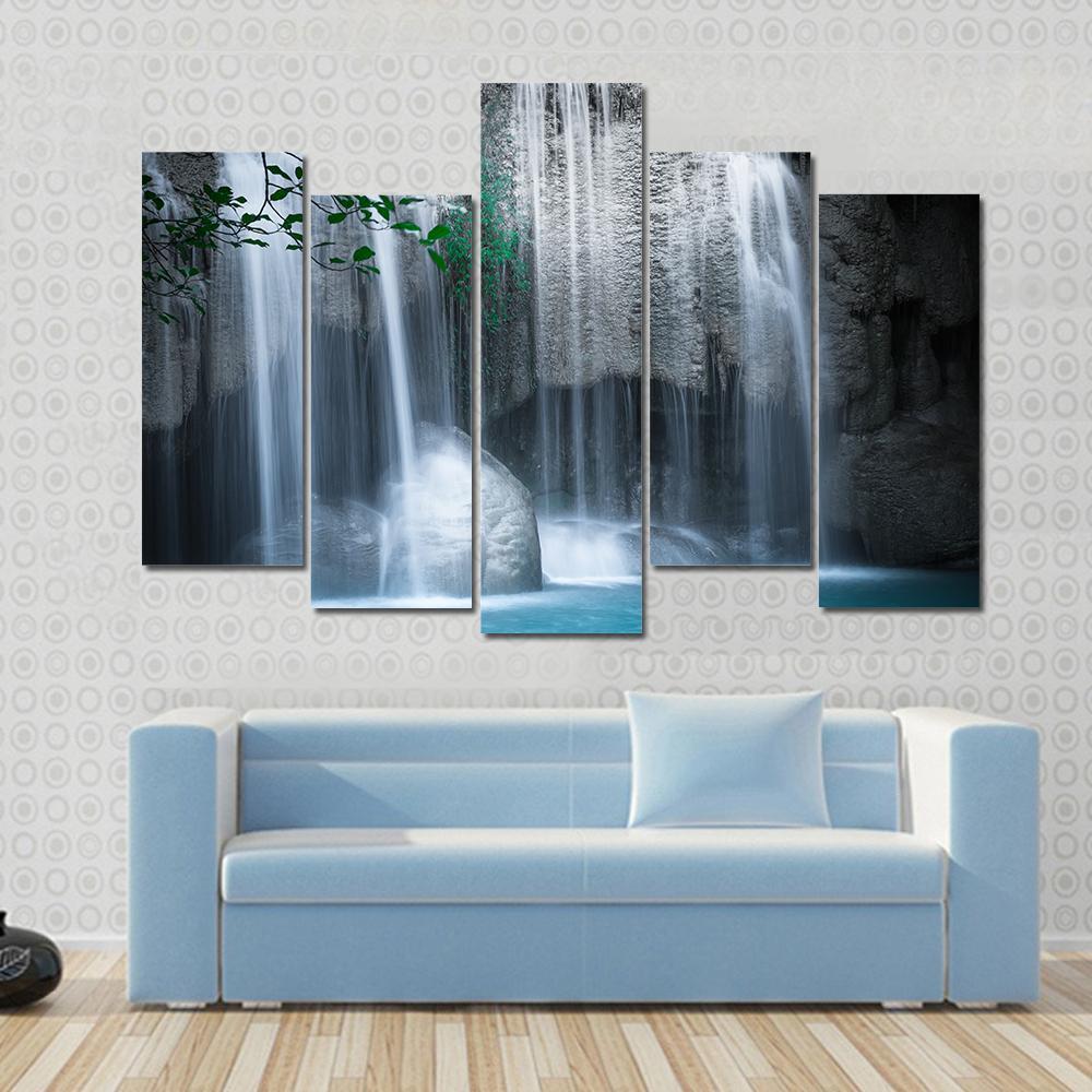 Erawan Cascade Waterfall Thailand Canvas Wall Art-5 Pop-Gallery Wrap-47" x 32"-Tiaracle