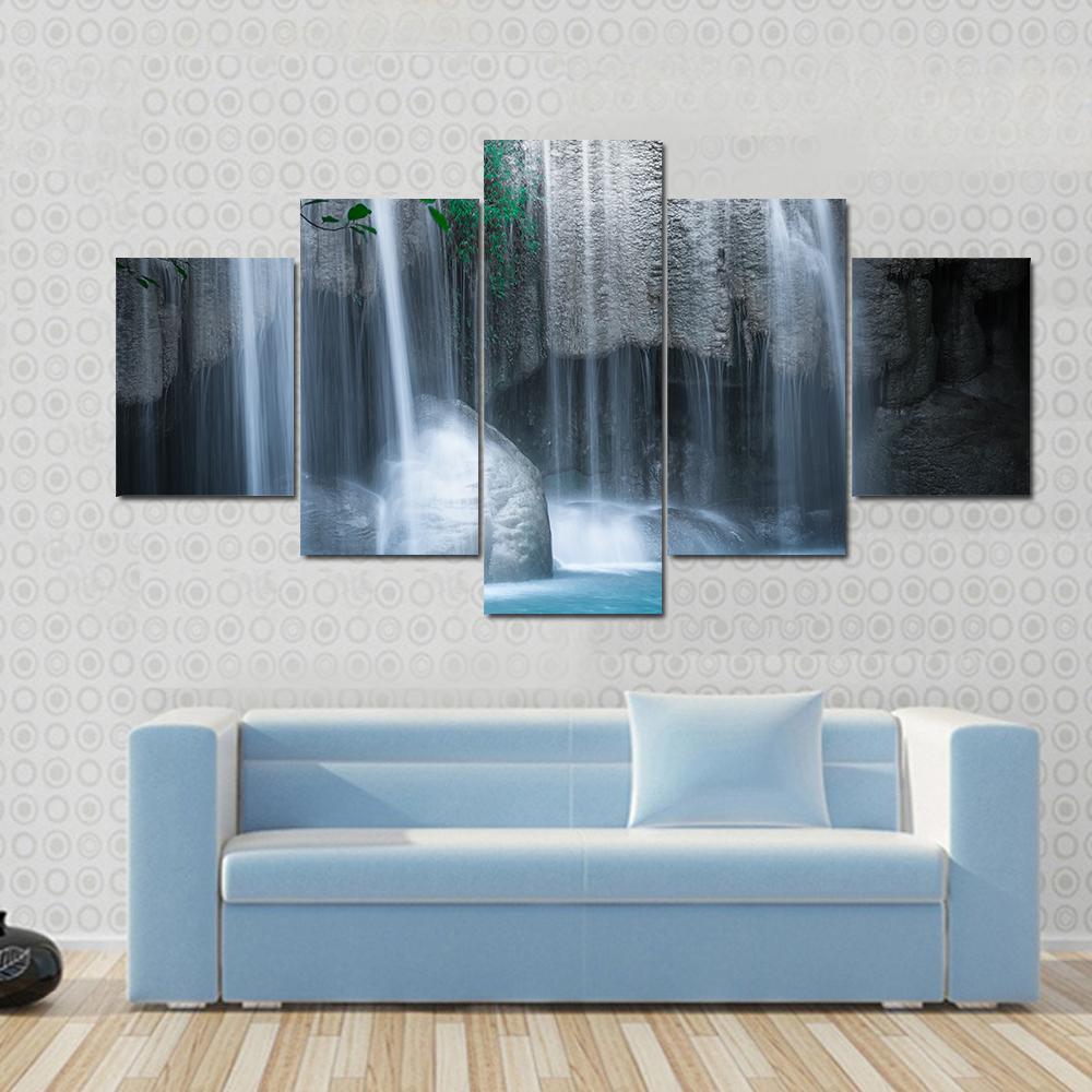 Erawan Cascade Waterfall Thailand Canvas Wall Art-5 Star-Gallery Wrap-62" x 32"-Tiaracle