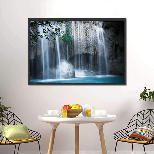 Erawan Cascade Waterfall Thailand Canvas Wall Art-1 Piece-Floating Frame-24" x 16"-Tiaracle