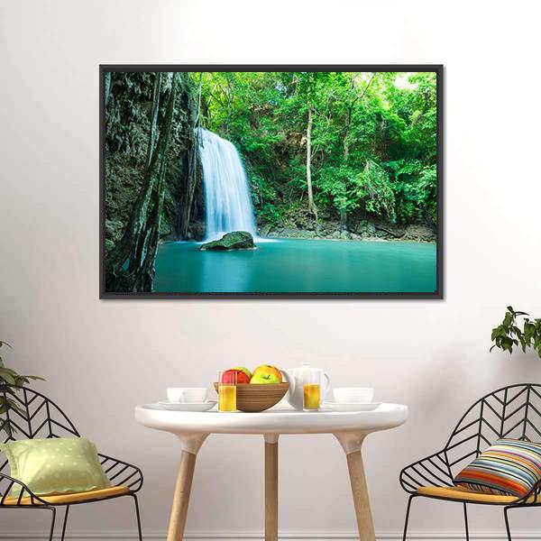 Erawan Tropical Waterfall Canvas Wall Art-1 Piece-Floating Frame-24" x 16"-Tiaracle