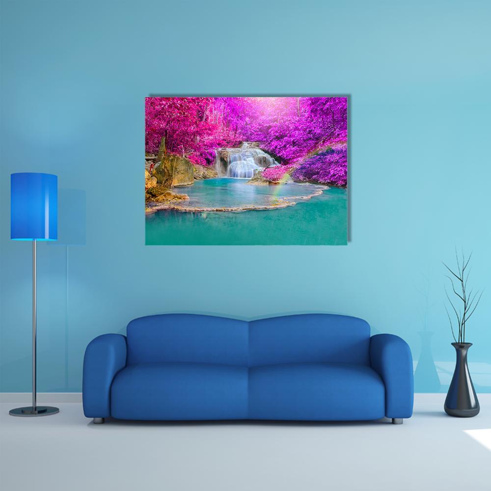 Erawan Waterfall with Turquoise Pools Canvas Wall Art in blue, purple and pink, single panel hung on a wall